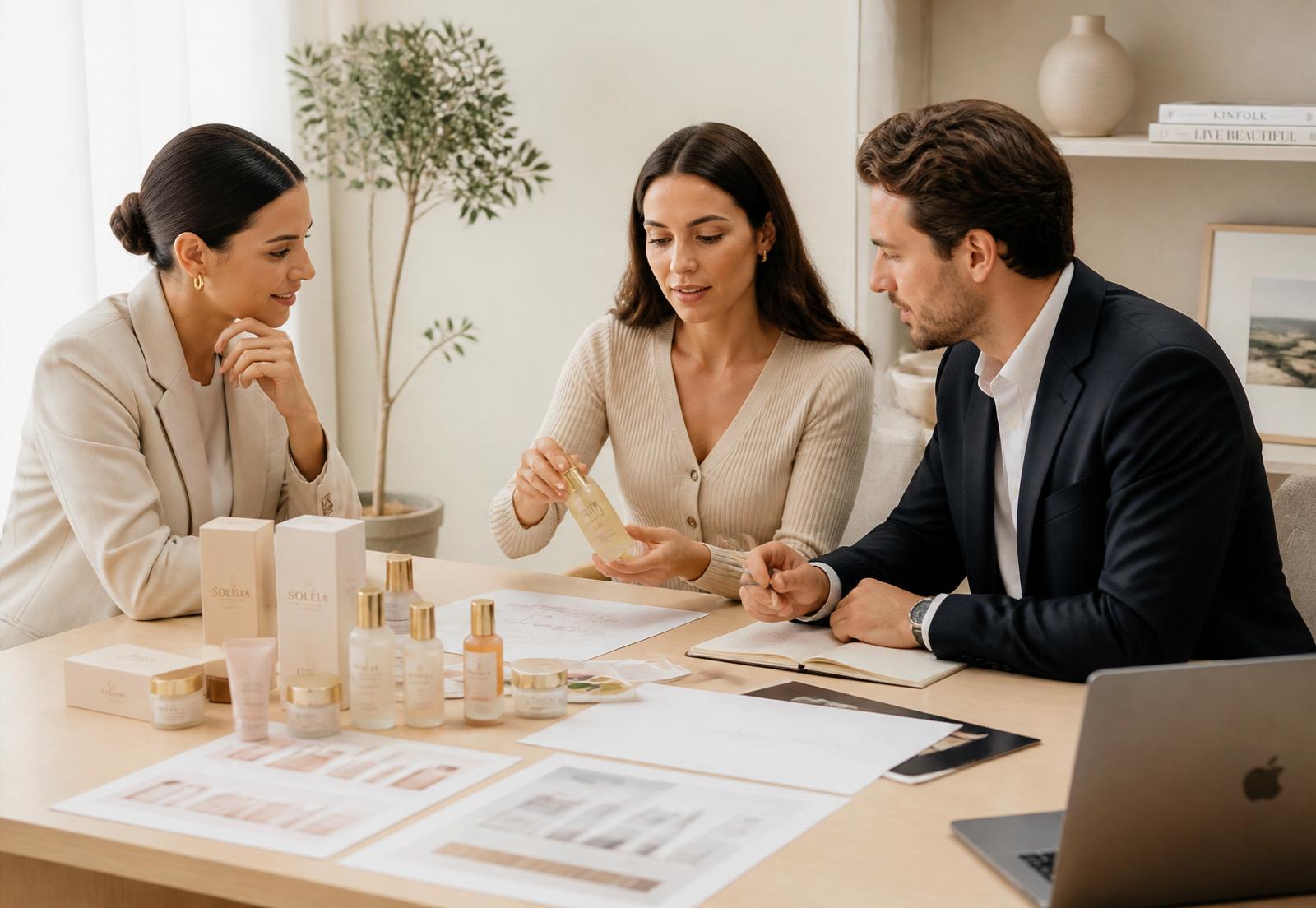 Harmony 34 consultants reviewing cosmetic samples and packaging with a client