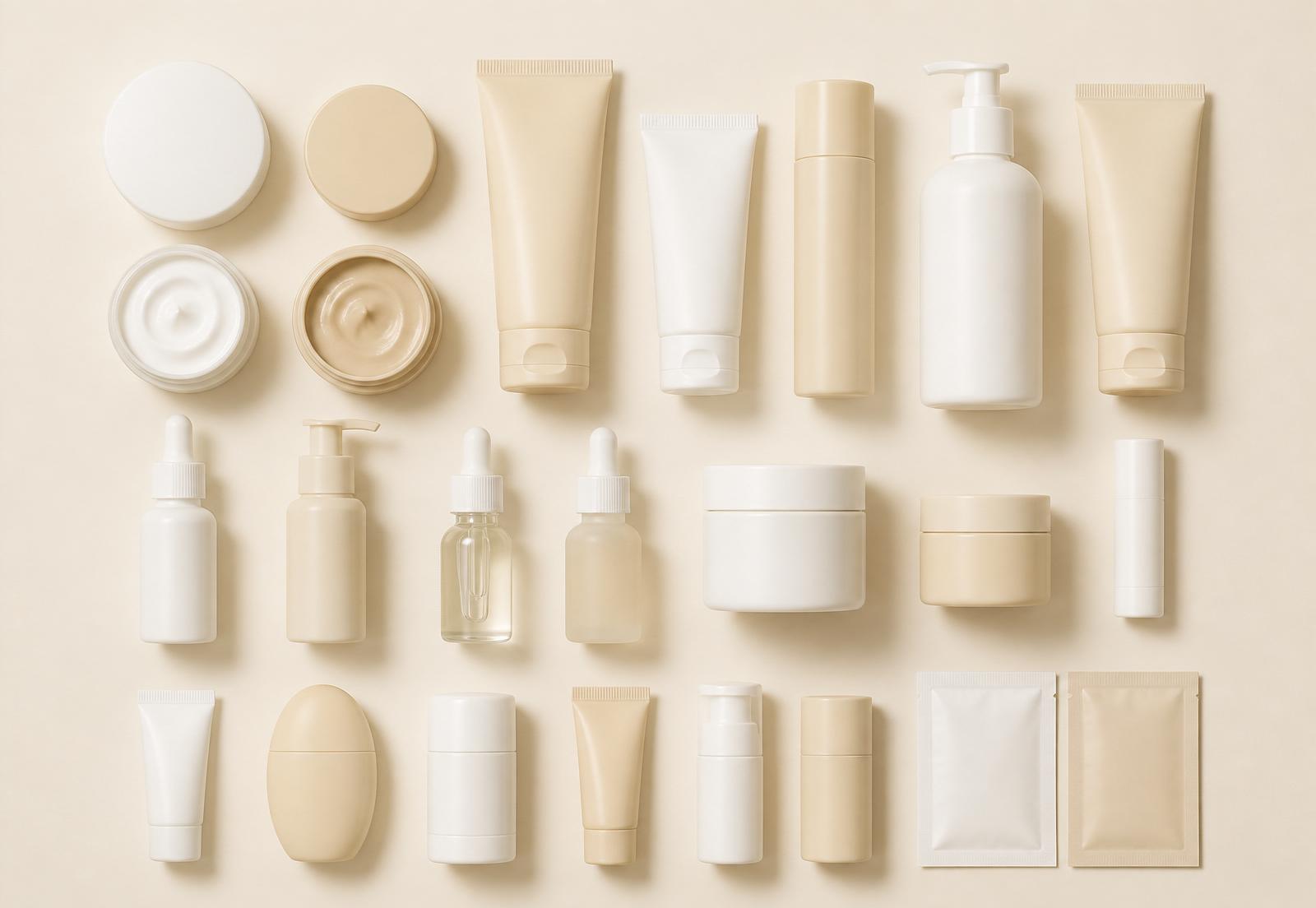 Flat lay of the full range of unbranded cosmetic containers
