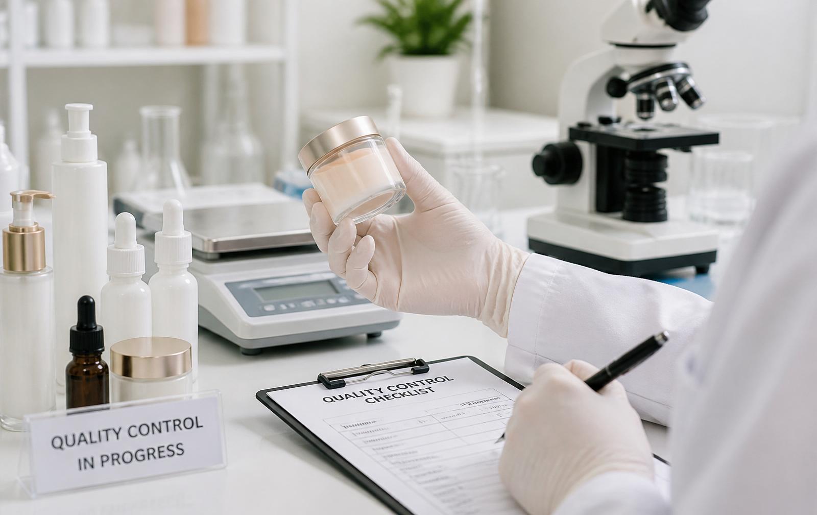 Quality control inspection of a cosmetic sample at Harmony 34